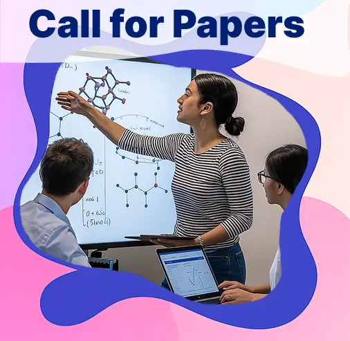 Female scientist pointing at molecular diagram during lab presentation with text "Call for Papers" for ConductScience.