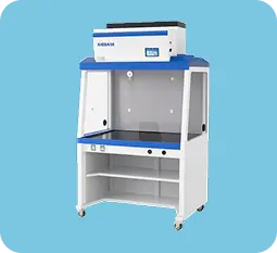 Fume hood and modular laboratory bench system equipped with storage cabinets and safety signage.