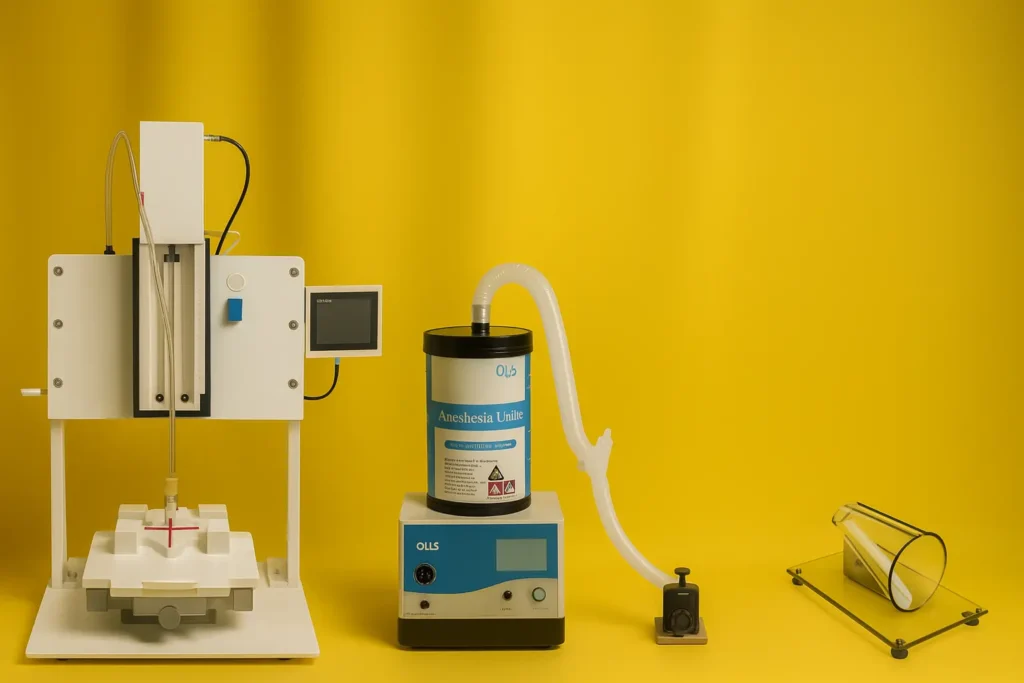 Banner image showcasing essential animal laboratory equipment, including stereotaxic frames, anesthesia systems, heating pads, impact models, monitoring tools, microinjection devices, restrainers, and optogenetics setups, arranged in a clean, clinical environment.
