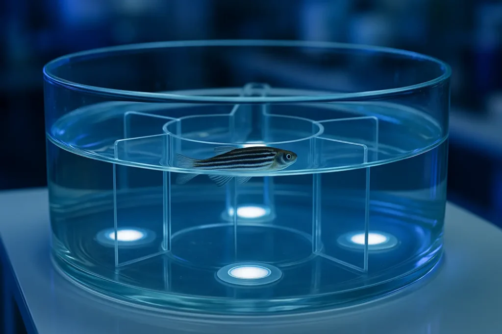 Zebrafish swimming through a transparent 5-choice maze illuminated by blue cue lights in a neuroscience lab setting