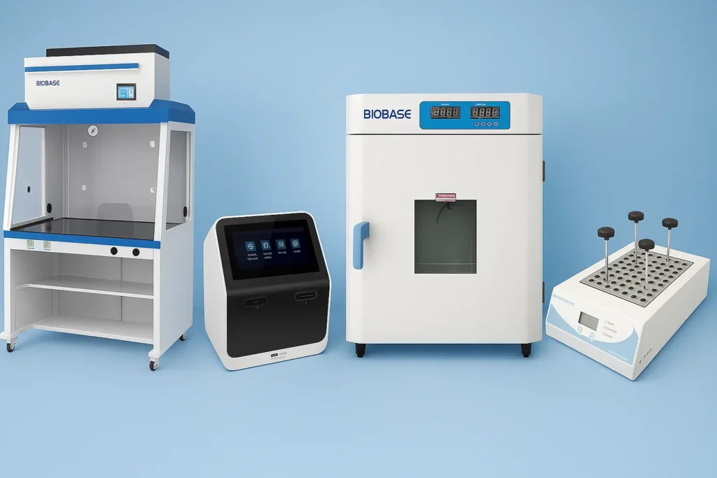Banner image featuring a variety of laboratory equipment including microscopes, centrifuges, PCR machines, incubators, and safety cabinets, arranged in a modern lab setting to highlight essential tools for molecular biology and life sciences.